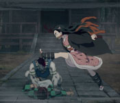 nezuko kicking a demon's head off at a temple